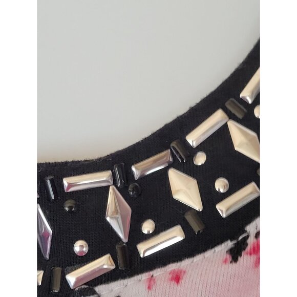 Studded V Neck Top Blouse XL 3/4 Sleeve Clear Sequins Pink Black Boho Artsy - Picture 5 of 6